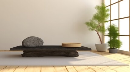 Minimalist Product Display Podium with Stone and Wood Elements Indoor