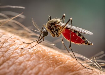 Common house mosquito drinking blood on human skin. Mosquito is biting arm. closeup of a nasty mosquito sitting on hand. Macro. Zika virus. Insect bite. Allergic reaction, itchy, allergy, dermatitis