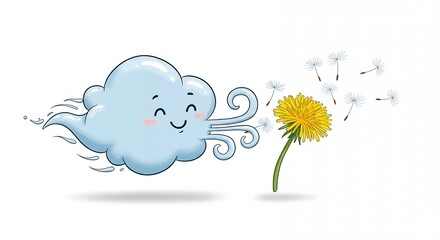 Cartoon cloud blowing dandelion seeds illustration