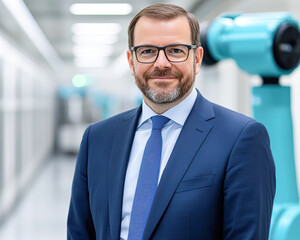 Naklejka premium Business professional poses confidently with a robotic arm in a modern setting.