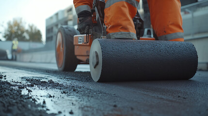 Pavement worker using a roller compactor to smooth fresh asphalt. Featuring road construction