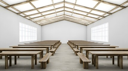 Fototapeta premium Long Wooden Tables in White Room with Wooden Beams