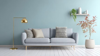 Light blue living room with gray sofa, gold floor lamp, and potted plant. Modern and minimalist interior design.