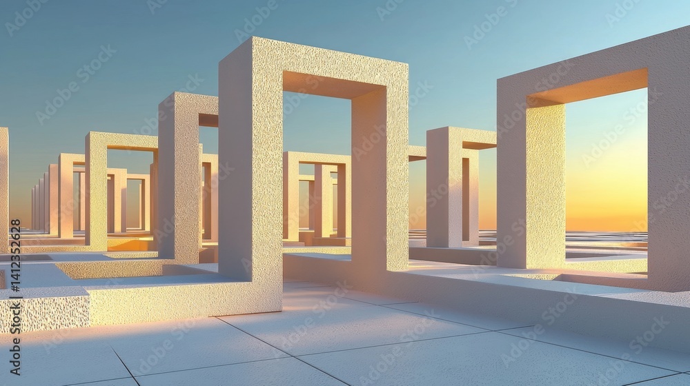 Poster interlocking white forms creating an abstract maze-like pattern