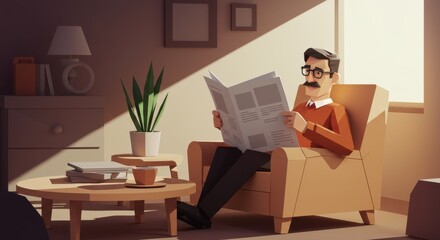 Father Reading Newspaper in Cozy Armchair