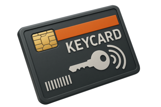 A close-up of a modern keycard with an embedded chip, showcasing its sleek design and technology-driven security features.