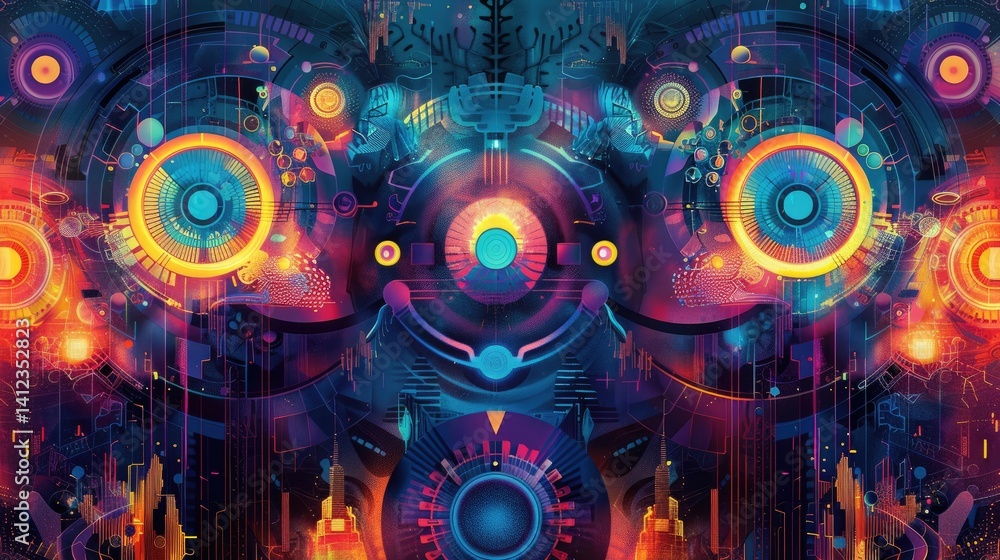 Poster dive into a vibrant abstract design featuring geometric shapes and psychedelic colors, merging cubis