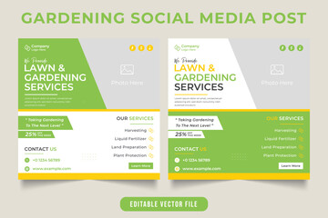 Landscaping and gardening service social media post and web banner template design. Seagreen and yellow color Lawn and agriculture flyer business. Gardening service promotional poster template.