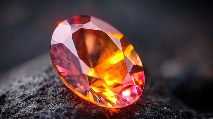 Radiant gemstone, oval cut, on dark rock, dramatic lighting.  Possible use Jewelry catalog, advertising