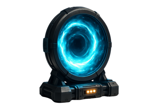 A futuristic portal device emitting a glowing blue energy, symbolizing advanced technology and interdimensional travel.