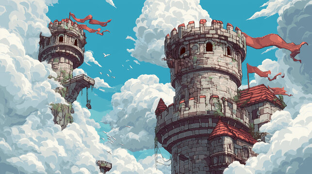 Skyborne Fortress - A high castle with clouds drifting around it and banners flapping violently, pixel art, gaming assets, 32-bit
