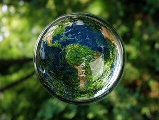 A colorful and detailed globe of the Earth floating above an aerial view of lush green forests, representing global environmental change and climate action for World Wildlife Day.
