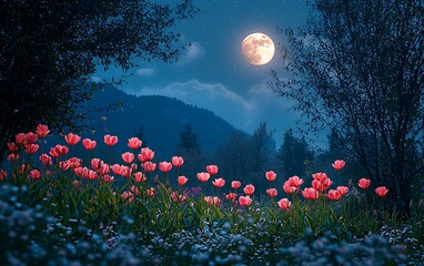 Night scene of pink tulips under a full moon