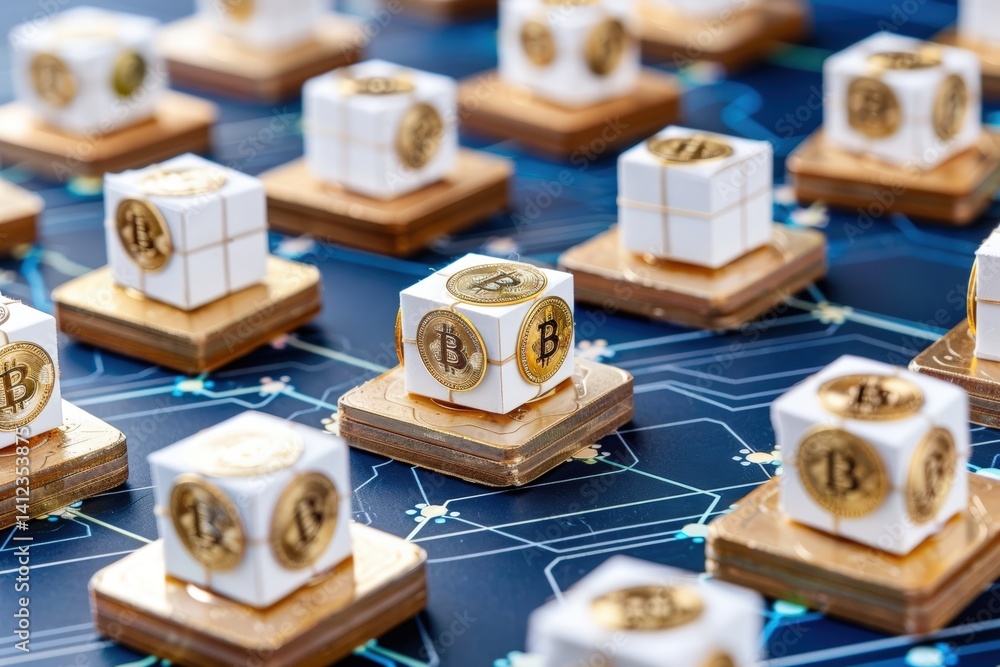 Poster the image features white and gold cubes with bitcoin symbols arranged on a blue network background, 
