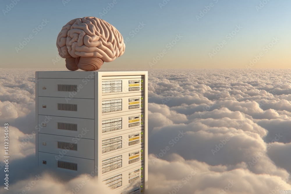 Poster a surreal image depicting a human brain atop a server stack, floating among clouds, symbolizing the 