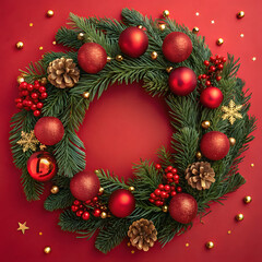 Festive Christmas Wreath with Red and Gold Decorations