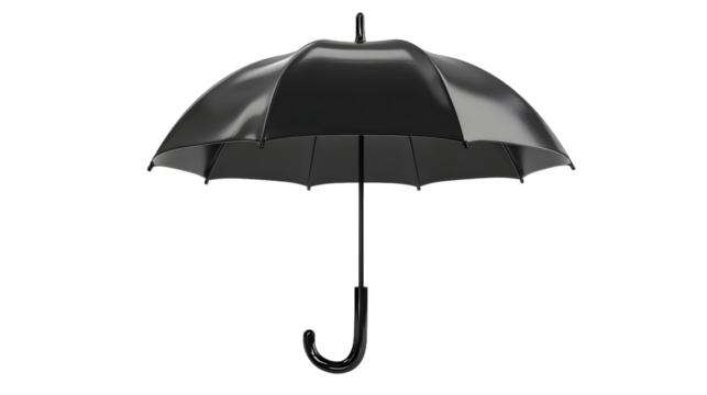 A sleek black umbrella with a glossy finish, symbolizing protection and elegance in adverse weather conditions.