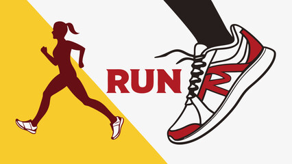 Run A woman runner in motion dynamic stride stylish red and white shoe vibrant yellow and white background