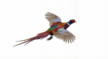 Colorful pheasant flying against a white background  