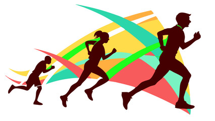 Energetic runners racing towards victory vibrant silhouettes against a colorful abstract background Dynamic motion