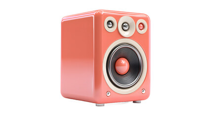 A vibrant coral speaker with a sleek design, featuring two knobs and a large central speaker for sound quality.