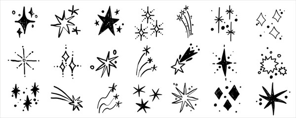Vector doodle star icons hand drawn elements. Chalk crayon sketch glitter design collection for christmas pattern. Falling twinkle star wish symbol.