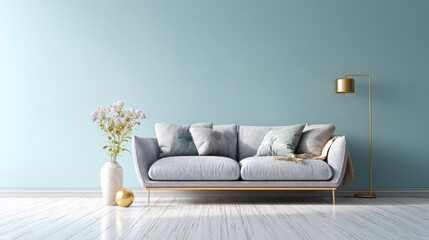 Light gray sofa with gold legs, teal walls, and soft decor. Perfect for relaxation and minimalist living.