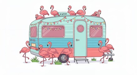 Pink flamingos on a retro campervan illustration