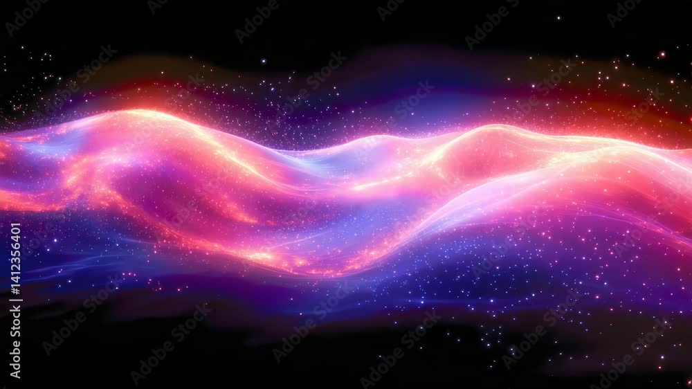 Poster smooth laser-like trails of vibrant pink and purple light flowing across a glittery surface, creatin