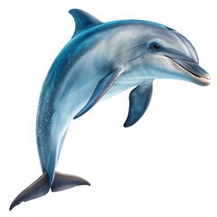 Obraz premium A vibrant dolphin gracefully swims through the ocean, showcasing its playful nature and stunning beauty. Isolate on white background, copy space, 300dpi for commercial use