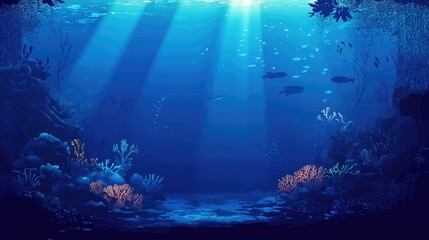 Obraz premium Dark blue ocean surface seen from underwater with sunlight shining through, silhouette of coral reefs and fish