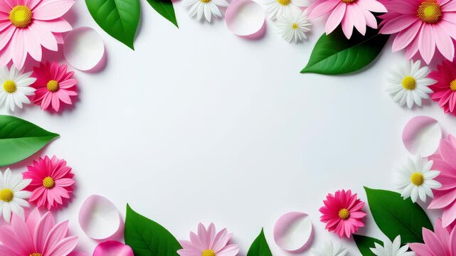 Colorful paper flowers and leaves create a beautiful floral border on a white background