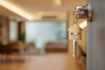 A key with a house-shaped design on the lock of a modern door in a living room interior, with a blurred apartment background