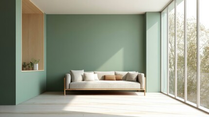 Modern sofa against green wall in minimalist space, embodying simplicity and calm elegance.