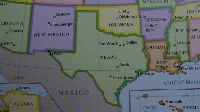Close up of the USA on a map with Texas in sharp focus. Texas on a map 
