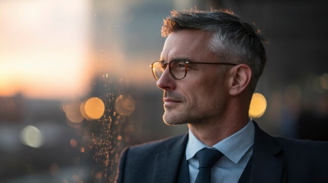 Confident businessman in suit, city backdrop; ambition and professionalism in corporate world