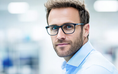 Obraz premium A serious young man with glasses looks confidently at the camera in a modern office setting.