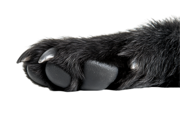 Close-up of a black dog's paw with visible claws and textured pads, isolated on white.
