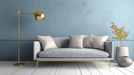 Stylish living room with a light gray sofa, gold floor lamp, and a small plant.