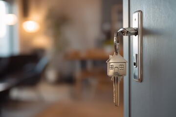 A key with a house-shaped design on the lock of a modern door in a living room interior, with a blurred apartment background
