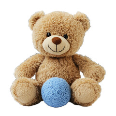 Obraz premium A fluffy teddy bear sitting with a blue string ball on a black background studio shot