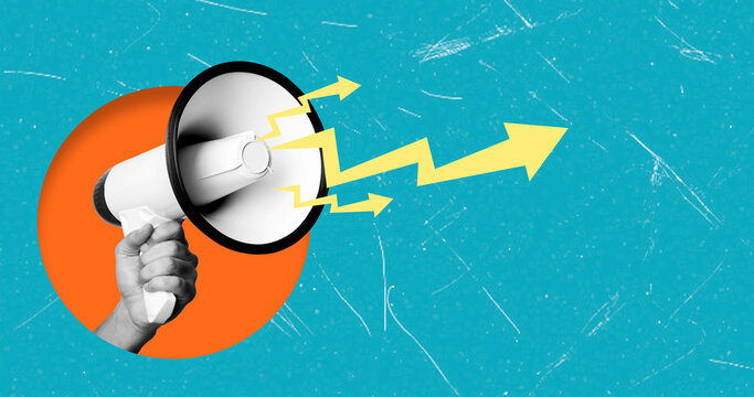 Modern art collage featuring a hand with a megaphone on a blue background with space copy and lightning.