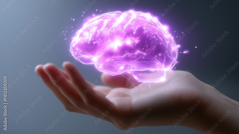 Poster digital representation of a glowing brain held in an open hand in a futuristic setting symbolizing k