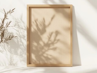 Wooden frame mockup, sunlit wall, plant shadow, design template