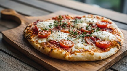 Traditional Italian pizza with melted mozzarella, a delicious culinary delight evoking rustic charm and comfort.