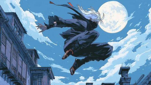 Anime-style ninja mid-leap in a moonlit urban rooftop scene - illustration, anime style, design for mouse pad