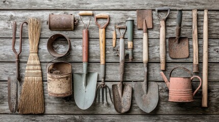 Vintage gardening tools on a wooden table, a timeless tribute to horticultural heritage