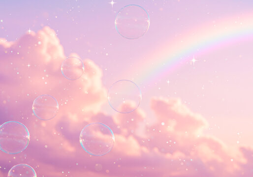 シャボン玉や虹を含むファンタジックな背景画