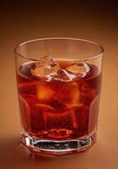 A Negroni in a lowball glass with equal parts red, orange, and ice.