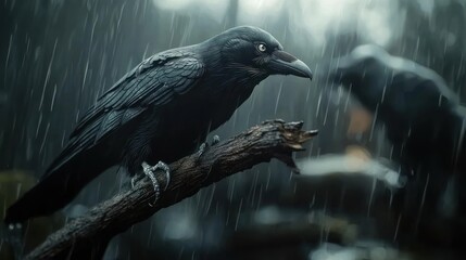 Fototapeta premium Raven perched on branch in rainy forest